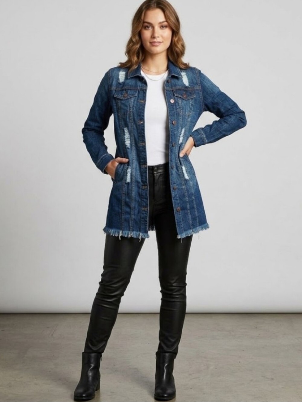 Aphrodite AP Blue Southwestern  Boho  Distressed fringe  Longline  Denim  Jacket